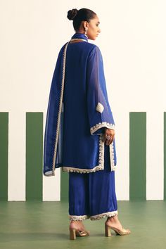 Buy Blue Kurta Organza Embroidery Geometric Irina Yoke Palazzo Set For Women by Reeti Arneja Online at Aza Fashions. Organza Palazzo, Embroidery Geometric, Organza Embroidery, Blue Kurta, Embroidered Hem, Palazzo Set, Embroidered Border, Straight Kurta, Pattern Embroidery