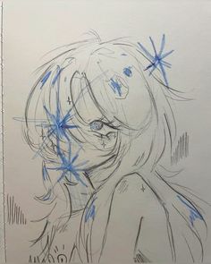 a drawing of a woman's face with blue stars on her hair and shoulders