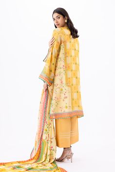 Kiyara – Sania Maskatiya International Spring Raw Silk Palazzo Set With Straight Kurta, Raw Silk Palazzo Set With Straight Kurta For Spring, Spring Palazzo Set In Raw Silk With Straight Kurta, Spring Palazzo Set With Straight Kurta In Raw Silk, Floral Print Cotton Silk Sets For Spring, Yellow Unstitched Chanderi Palazzo Set, Spring Floral Print Cotton Silk Kurta, Silk Anarkali Kurta With Floral Print, Spring Raw Silk Palazzo Set With Dupatta