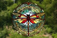 a stained glass sun catcher in the shape of a dragonfly on a garden path