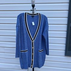 Nwt Talbots Gorgeous Blue Woven Cable Stripe V-Neck White Navy Trim Cardigan Pockets. 1x Bust 48”, 2x Bust 52”, 3x Bust 56”, Length 34”.Originally $149. Enjoy! Talbots Sweater, Blue V, Sweaters & Cardigans, Blue White, Sweaters For Women, Cable, Blue And White, Trim, V Neck