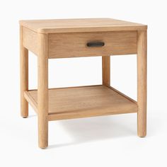 a small wooden table with one drawer on the bottom and two shelves below it, against a white background