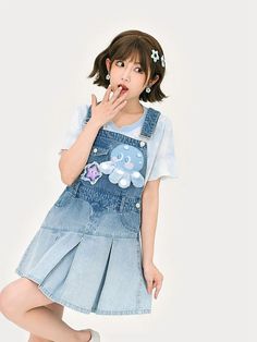 Cute Octopus Design Blue Jeans Overall Dress Pleated Skirt Jean Overall Dress, Octopus Design, Cute Octopus, Jeans Overall, Denim Overall Dress, Dress Pleated, Kawaii Dress, Denim Cotton, Care Bears