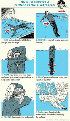 a poster with instructions on how to survive a plunge from a water fall in the ocean