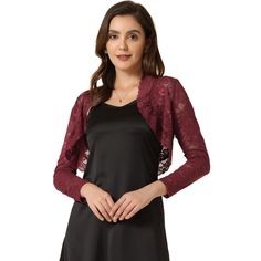 It's designed with floral lace and an open front for a comfortable fit. Crafted from soft and knit fabric, this lace cardigan features feminine full sleeves, and a scalloped hem, and is perfectly covered up with sleeveless dresses for a wedding look. A must-have item in your clothing wardrobe, the lace bolero has long sleeves, and semi-sheer lace, and is finished with a cropped length and could be stretchy a bit. Fitted Lace Cardigan For Party, Elegant Fitted Lace Cardigan, Elegant Long Sleeve Cardigan With Lace Trim, Elegant Long Sleeve Lace Trim Cardigan, Elegant Winter Cardigan With Lace Trim, Fitted Lace Trim Cardigan For Layering, Elegant Lace Cardigan For Fall, Party Outerwear With Lace Trim And Long Sleeves, Long Sleeve Outerwear With Lace Trim For Party