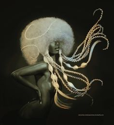 a woman with an octopus like hair and pearls on her head, in the dark