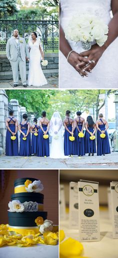 the wedding party is getting ready to have their pictures taken at this outdoor ceremony in yellow and blue