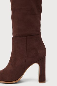 Strut into any room with effortless style with the Lulus Ceceliaa Dark Brown Suede Square Toe Knee-High Boots! Soft faux suede shapes these must-have boots that start with a squared-toe upper that rises to 16"" knee-high shaft with a 15"" circumference and an 18"" zipper at the instep. A sculpted block heel completes the effortlessly chic design! 3. 75" sculpted block heel. Lightly cushioned insole. Felted rubber sole has nonskid markings. All Man Made Materials. Imported. Lulus | Ceceliaa Dark Brown Square, Lulu Fashion, Square Toe Boots, Toe Boots, Heel Boots, High Heel Boots, Brown Suede, Chic Design, Knee High Boots