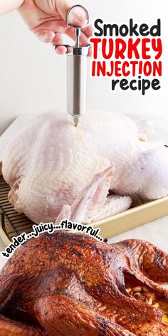 a turkey being cut into pieces on a cutting board with the words smoked turkey injection recipe