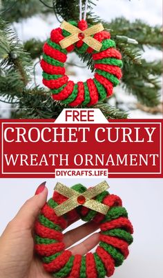 crochet christmas wreath ornament with text overlay