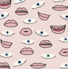 many different types of mouths and eyes on a pink background