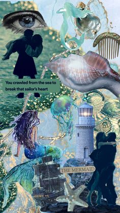 a collage of sea creatures including a mermaid, a lighthouse and a man standing in the water