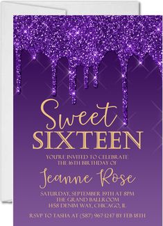 Purple And Gold Sweet 16 Party Invitations Sweet 16 Party Ideas Themes Purple And Blue, Royal Purple Sweet 16, Purple Birthday Card Ideas, Sweet 16 Party Ideas Purple And Gold, Purple Sweet 16 Decorations Ideas, Purple Birthday Party Ideas For Women, Purple And Gold Sweet 16, Sweet 16 Invitation Ideas, 16 Birthday Party Invitations