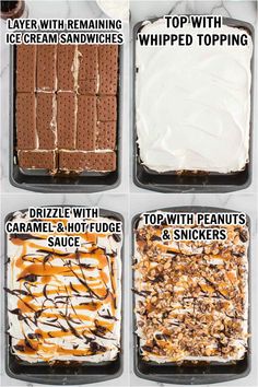 four different types of desserts in pans with the words top with ice cream, whipped