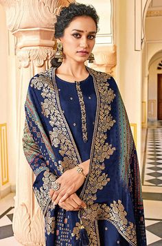 COLOR : Navy Blue FABRIC : Top - Dola Jacquard, Bottom - Santoon, Dupatta - Dola Jacquard WORK : Woven Zari, Tassels, Digital Print OCCASION : Party Wear, Festival READY-TO-WEAR : No STITCHING : Available as semi-stitched fabric, can be stitched using standard size option (+$20). Note: There might be a slight color variation due to lighting and flash used during photoshoot. The bright shade seen is the best closer view of fabric's color. Patiala Salwar Kameez, Churidar Suits, Chiffon Sleeves, Patiala Suit, Salwar Kameez Online, Pakistani Salwar Kameez, Patiala Salwar, Navy Blue Fabric, Silk Trousers