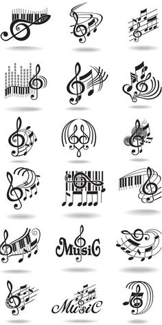 various musical symbols are shown in black and white, including trebles, music notes,