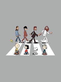 the beatles crossing the street in cartoon style