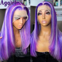 Gray Purple Highlight 613 Colored Body Wave Lace Frontal Human Hair Wigs Transparent 13x6 13X4 Lace Purple Wigs, Purple Wig, Purple Highlights, Creative Hair Color, Human Virgin Hair, Lace Closure Wig, Celebrity Hair Stylist, Hot Hair Styles, Straight Wig