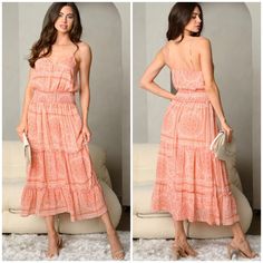 Step Into Spring/Summer Seasons In This Adorable Dress ! Boho Feminine Chic Adorable Maxi Dress. Made Lightweight Quality Material That Flows Effortlessly. Dress Is Fully Lined And Not See Through. Coral And Ivory Contrast Print Adds Just The Right Amount Of Popping Color. Adjustable Spaghetti Straps For Best Fit. Elasticized Waistline For Comfort And Fit. Ruffle Hem Adds Extra Style To This Adorable Dress. Wear With Sandals, Platforms Or Espadrilles. Looks Great With Cowboy Western Boots ! Thes Peach Sleeveless Sundress For Vacation, Peach Sleeveless Sundress For Day Out, Peach Maxi Dress For Summer Day Out, Sleeveless Peach Maxi Dress For Summer, Peach Spaghetti Strap Dress For Vacation, Chic Orange Sundress For Day Out, Peach Spaghetti Strap Vacation Dress, Peach Spaghetti Straps Dress For Vacation, Orange Sundress For Summer Brunch