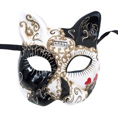 This ornate cat mask features black and white or purple, green and gold patters with gold glitter swirls and red hearts on the face. Each mask has painted accents around the eyelets. Masks come with black ribbons to tie. Available in individual pieces, 6-pack, or by the dozen! Halloween Masquerade Mask With Cat Design, Artistic Black Masks And Prosthetics For Mardi Gras, Cat Design Costume Eye Mask, Cat Design Eye Mask For Costume, Cat Design Eye Mask For Masquerade, Costume Cat Design Eye Mask, Masquerade Eye Mask With Cat Design, Masquerade Masks With Cat Design And Cat Ears, Metal Mask