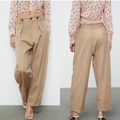 New With Tags Size L High-Waisted Ankle Length Pants. Buttoned Layered Detail At Waist. Straight Leg. Front Zip And Button Closure. Baggy Wide Leg Pants For Workwear, Baggy Pants For Workwear, Beige Baggy Bottoms For Work, High Waist Beige Pants For Fall, Baggy Pants For Day Out, Fall High Waist Beige Pants, Fall High-waist Beige Pants, Chic Baggy Straight Leg Dress Pants, Chic Baggy Straight-leg Dress Pants