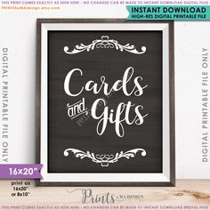 the printable card and gifts sign is displayed in front of a wooden frame on a table