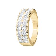 a yellow gold ring with rows of diamonds