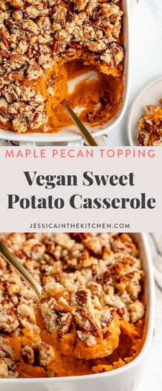 a casserole dish filled with vegan sweet potato casserole