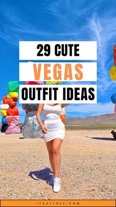 a woman standing in front of colorful balloons with the words 29 cute vegas outfit ideas