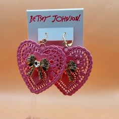 Brand New Betsy Johnson Heart Earrings With Gold Ribbon Besty Johnson, Flamingo Earrings, Betsey Johnson Earrings, Rose Stud Earrings, Sparkle Earrings, Holiday Earring, Heart Drop Earrings, Gold Ribbon, Betsey Johnson Jewelry