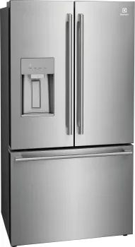 a stainless steel refrigerator with ice and water dispenser on the door, in front of a white background