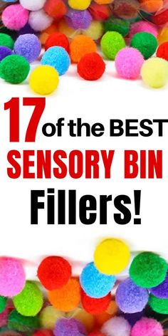 the words, 17 of the best sensory bin fillers are surrounded by multicolored pom - poms