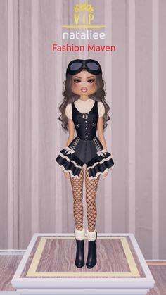 a doll is standing on the floor in front of a curtain and wearing tights