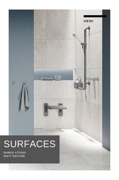 an image of a bathroom setting with the words surfaces in white and grey on it