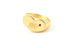 "Gold plated heart ring, Personalized ring for women, custom initial ring, Letter Ring. This classic gold plated heart signet ring has a unique design. It is elegant & very impressive, You'll be amazed at how comfortable it is on your finger. The ring can be engraved with an initial letter of your choice. The personalized engraving makes it a unique statement ring and fashionable addition to any style. A ring with a simple yet sophisticated design that adds lots of character to its \"handmade\" feel. This ring is perfect for every appearance; you can wear it with your casual everyday look as well as elegant wear. Add a little BLING to your everyday look with this heart ring. Measurements: * Heart size: 0.4x0.6'' // 1x1.5 cm * Ring Size: All sizes (Size US 9.5 and above will be priced indiv Heart-shaped Signet Ring With Polished Finish For Anniversary, Heirloom Heart-shaped Signet Ring For Gift, Heirloom Heart-shaped Signet Ring As Gift, Personalized Classic Heart Promise Ring, Personalized Heart-shaped Sterling Silver Initial Ring, Elegant Heart Shaped Signet Ring For Valentine's Day, Classic Gold Heart Ring With Heart Charm, Classic Gold Heart Ring With Charm, Heirloom Heart-shaped Engraved Ring As Gift