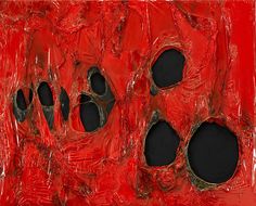 an abstract painting with holes in red and black