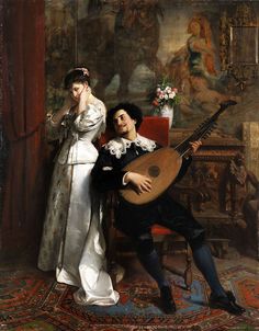 a painting of a man and woman sitting next to each other with a guitar in front of them