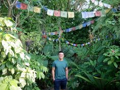 a man standing in the middle of a lush green forest filled with lots of plants