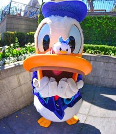 a goofy duck mascot with an orange beak