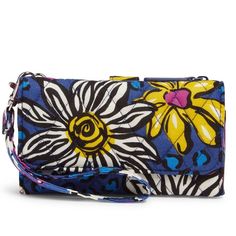 Lightweight Quilted Cotton Wristlet With Exterior Slip Pocket And Zipper Compartment As Well As 7 Slip Pockets For Credit Cards And Id. Fun Floral Print Filled With Shades Of Blue, Pink/Purple, White And Yellow Gift Idea, Holiday Gift, Gifts, Christmas Gift, Hanukkah Gift, Gifts For Her, Vera Bradley Yellow Gifts, Floral Clutches, Blue Pink Purple, Small Coin Purse, Vera Bradley Wallet, African Violet, Lightweight Quilt, Pink Swirls, Coin Bag