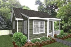 this is a computer rendering of a small house in the yard with landscaping around it