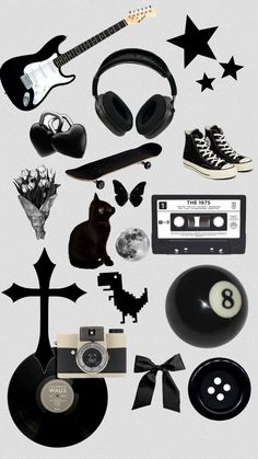 an assortment of items are arranged in the shape of a guitar, headphones, and other things