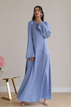 Fabric: Satin Cotton 50%, Polyester 50% Long sleeve Backless Tie detail at the back Thigh slit Maxi length Dress Classy Elegant, Satin Long Sleeve Dress, Cute Dresses For Party, Backless Maxi Dress, Abaya Dress, Hijab Fashion Inspiration, Lounge Dress, Backless Maxi Dresses, Puff Sleeve Dresses