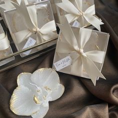 white flowers are sitting in clear boxes with tags on them