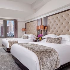 two beds in a hotel room with large windows and carpeted flooring on both sides