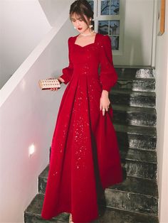 Temperament Dress Women's Solid Color Spring Autumn New Square Collar Long-sleeved A-line Long Skirt Fashion Female Clothing 245 Red Long Sleeve Dress With Colorful Pattern, Elegant Red Floor-length Skirt, Spring Long Sleeve Red Vintage Dress, Red Elegant Full-length Maxi Skirt, Elegant Red Knee-length Long Sleeve Dress, Long Skirt Fashion, Pink Beige, Long Skirt, Skirt Fashion