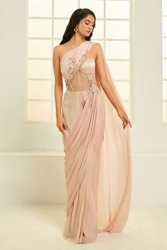 Rose gold padded corset, draped saree gown with floral vine embroidery. - Aza Fashions Fitted Pre-draped Saree With Intricate Embroidery, Designer Embroidered Gold Pre-draped Saree, Elegant Gold Pre-draped Saree With Intricate Embroidery, Elegant Pink Pre-draped Saree With Intricate Embroidery, Gold Pre-draped Saree With Intricate Embroidery, Corset Saree, Draped Saree Gown, Draped Corset, Vine Embroidery