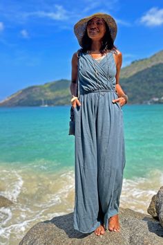 Wide Leg Jumpsuit, Boho Jumpsuit, Loose Jumpsuit, Wrap Jumpsuit, Palazzo Jumpsuit, Elegant Jumpsuit, Cocktail Jumpsuit, Cotton Jumpsuit V-neck Jumpsuits And Rompers With Pockets For Beach, Summer Blue Jumpsuits And Rompers With Pockets, Blue Summer Jumpsuits And Rompers With Pockets, Blue Overalls For Beach In Spring, Sleeveless Solid Denim Jumpsuit For Summer, Solid Sleeveless Denim Jumpsuit For Summer, Beach Jumpsuits And Rompers With Pockets, Casual Blue Jumpsuits And Rompers For Beach Season, Casual Blue Jumpsuits And Rompers For Beach