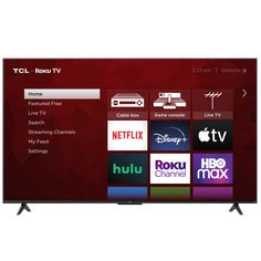 the tcl roux tv is shown in red and black with various logos on it