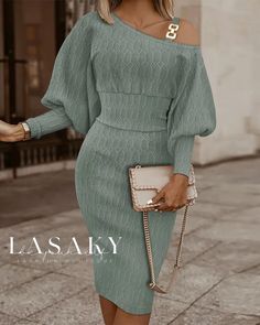 Lasaky - Cable Textured Dress with Cold Shoulder and Gigot Sleeves Fancy Dress Patterns, Dresses Casual Winter, Textured Dress, Fashionista Clothes, Elegant Dresses For Women, Round Neck Dresses, Professional Outfits, Petite Dresses, Winter Dresses